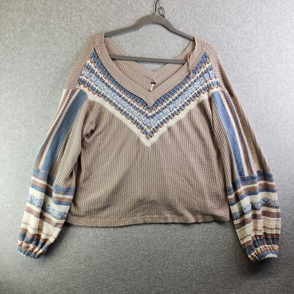 Free People Sweater Womens XS Copenhagen Thermal Waffle Contrasting Sleeves - Picture 7 of 16